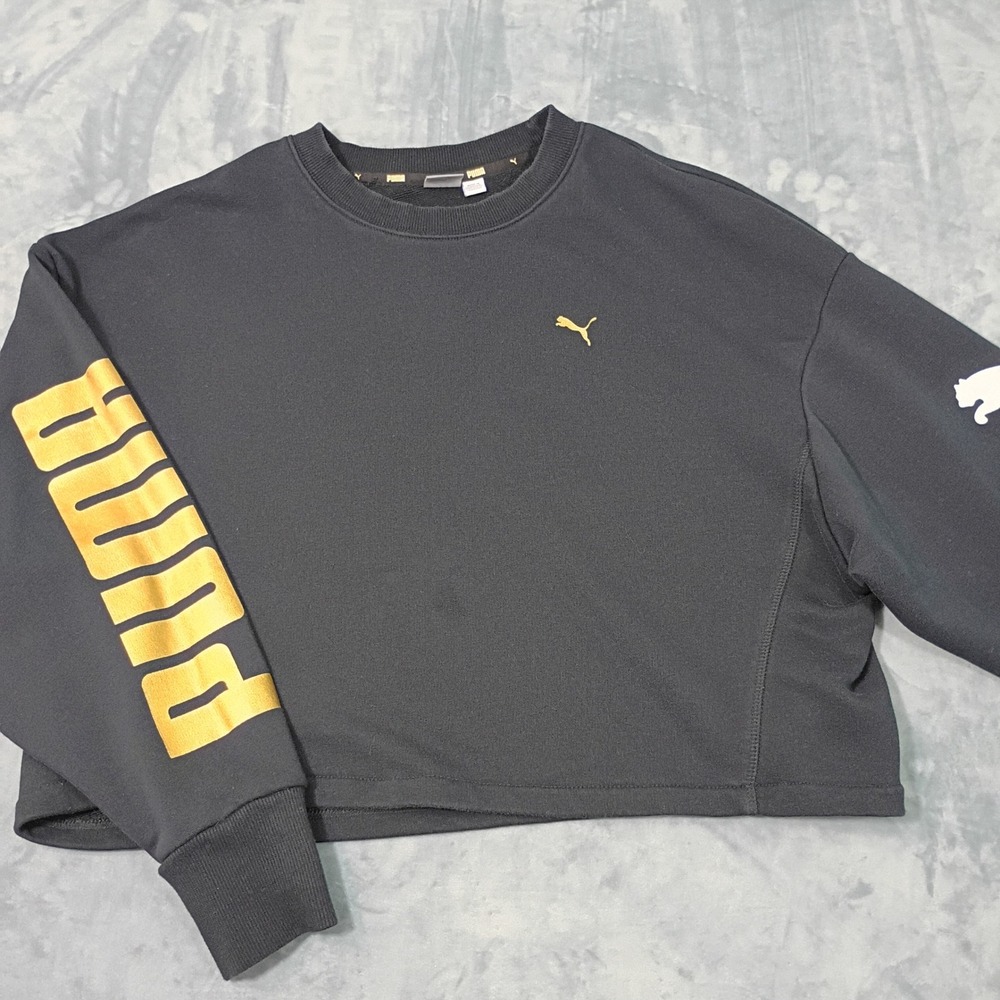 Puma Womens Cropped Sweatshirt Black Gold Logo Graphic Pullover XL